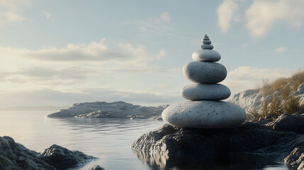 A serene coastal scene with stones stacked on top of each other, representing balance and harmony

