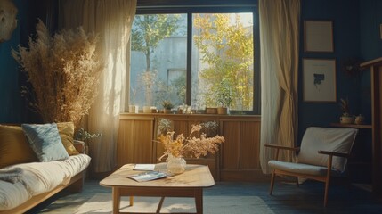 Sunlit Living Room with Cozy Furniture and Dried Flowers