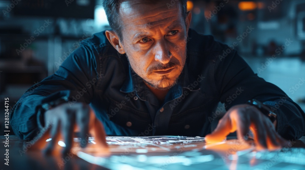 Leinwandbilder focused man studies a glowing map on a surface, surrounded by a darkened environment filled with tec