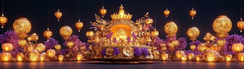 A vibrant display featuring ornate decorations, glowing lanterns, and floral arrangements, creating a festive and spiritual atmosphere.