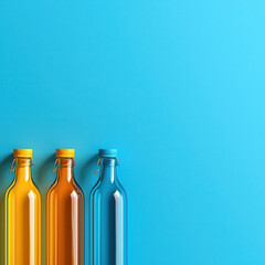Three colorful glass bottles with metal caps are arranged against vibrant blue background, showcasing minimalist design. bottles are orange, yellow, and blue, creating striking visual contrast