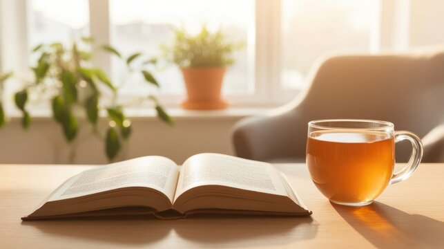 open book resting on wooden desk beside cup of tea bathed in gentle afternoon sunlight