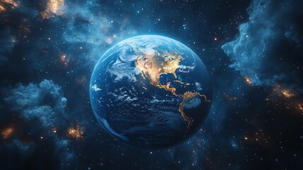 Naklejka premium Earth glowing in dark space, nebula clouds and stars surrounding.