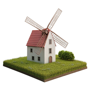 Charming windmill house in a green landscape.