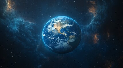 Earth in space, nebula background.