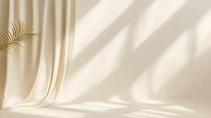 Minimalistic abstract gentle light beige background for product presentation with light and shadow of window curtains on wall : Generative AI