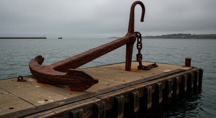 Fototapeta premium Weathered maritime relic massive rusted anchor on a harbor dock seascape