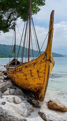 An Old Yellow Sailing Boat Beached on a Rocky Shoreline