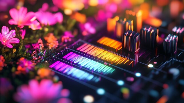 Vibrant Flowers Bloom Near a Colorful Audio Mixer