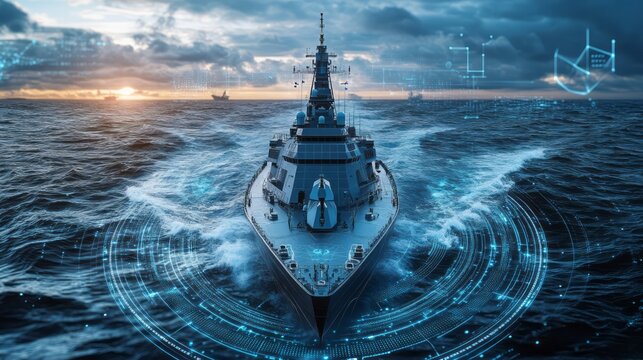 Advanced futuristic warship navigating the open ocean at sunset