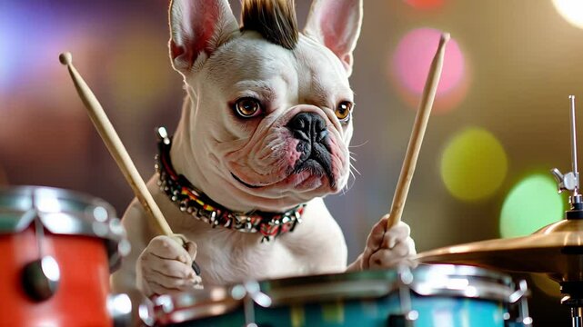 Playful bulldog drumming with drumsticks against colorful bokeh lights.