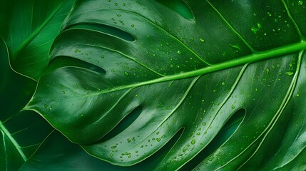 Closeup of lush vibrant tropical Monstera Deliciosa leaf with water droplets on a green organic surface  The image showcases the intricate textures patterns