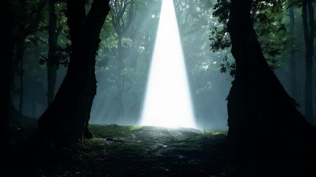 Tracking backward video, ethereal bright light streaming through a doorway framed by gnarled, ancient trees in darkness, central beam of light intensely bright