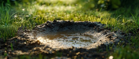 Small puddle in muddy ground, surrounded by grass.