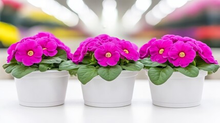 Fototapeta premium Vibrant pink flowers in white pots arranged beautifully on a table in a bright store showcasing floral beauty and freshness concept, spring Advertising in garden shops.