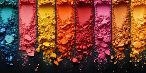 Vibrant rainbow arrangement of crushed colored powder on black background