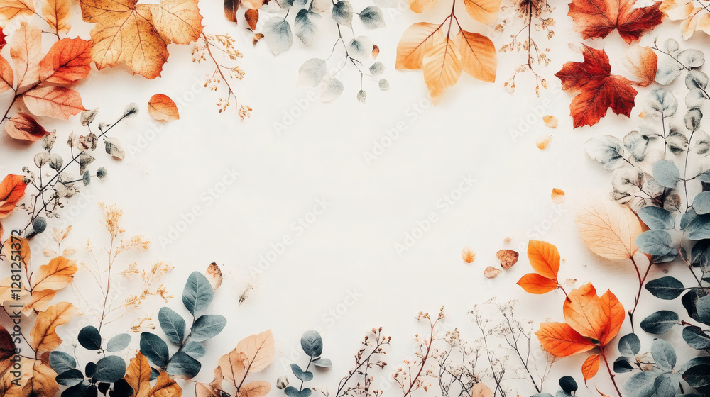 Poster a serene arrangement of autumn leaves and delicate flowers creating a natural frame around a blank c