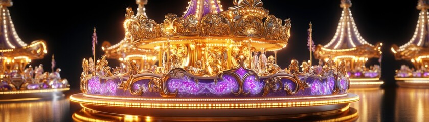 Fototapeta premium A vibrant carousel illuminated with golden lights and intricate details, creating a magical atmosphere at night.