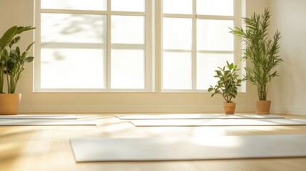 serene yoga studio with mats and props ready for class natural light streaming in through large