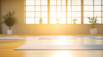 serene yoga studio with mats and props ready for class natural light streaming in through large
