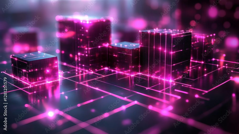 Poster a digital landscape featuring glowing pink cubes and interconnected lines, creating a futuristic and