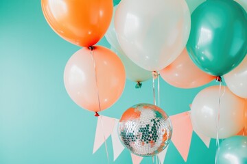 va vibrant scene of bachelorette party setup featuring balloons sparkling banner and glimmering disco ball with ample