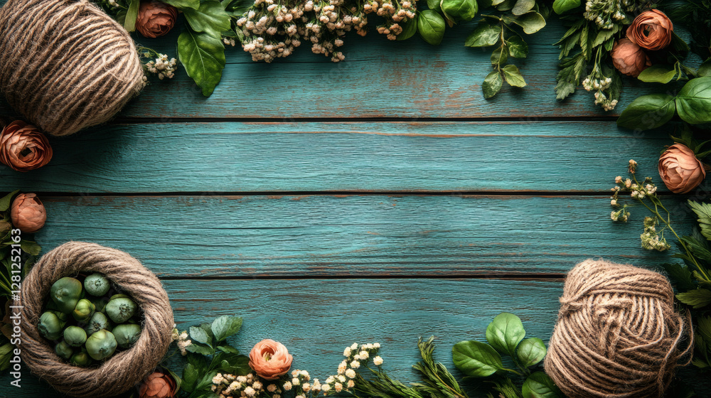 Poster a rustic wooden background surrounded by twine, green foliage, and decorative elements, creating a n