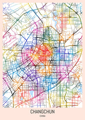 Changchun China City Map, district banner, business modern landmark, neighborhood paint travel, hometown downtown design, destination landmark