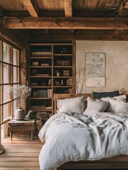 Cozy rustic bedroom with open shelving and exposed beams