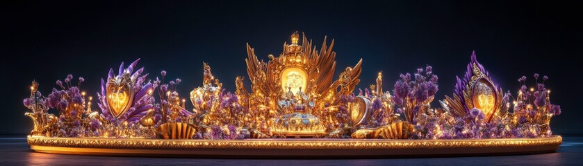 Obraz premium A vibrant display featuring intricate golden details and purple accents, showcasing a majestic scene with ornate designs and rich textures.
