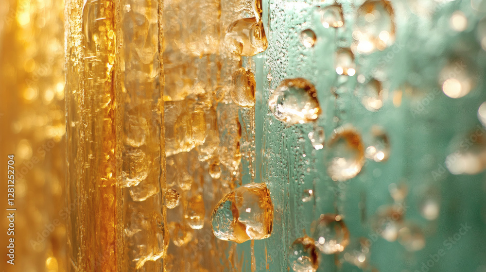 Poster A close-up of colorful droplets on a textured surface, showcasing a blend of warm and cool tones, creating an abstract yet captivating effect