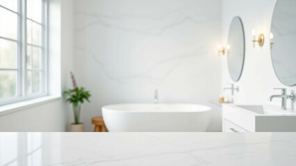 White bathroom interior Empty marble table top for product display with blurred bathroom interior