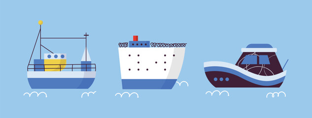 Illustration of various colorful ships and boats on a blue background collection. Various boats and ships, ocean transport set. Nautical and maritime theme. Flat vector design isolated