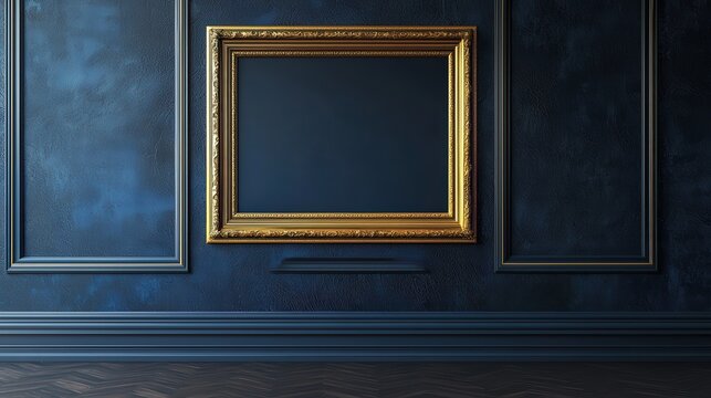 Ornate gold frame on a dark blue textured wall, evoking classic elegance. Suitable for showcasing art, photography, historical displays, and upscale interior design.
