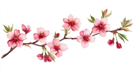 Naklejka premium Cherry blossom branch with delicate pink flowers and budding leaves, symbolizing springtime beauty and renewal, floral art concept