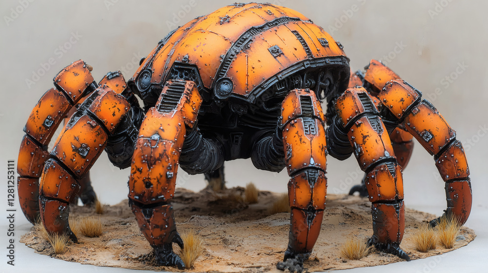 Poster a futuristic, robotic spider with orange and black detailing, positioned on a sandy surface, showcas