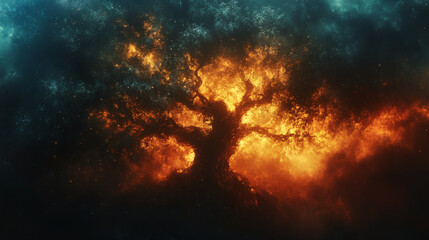 A dramatic tree silhouette emerges from flames, surrounded by a mystical atmosphere, evoking themes of transformation and nature's power