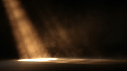 Dark wallpaper with ray of light shining on a spot for product placement. Background with smoke, dust and spotlight