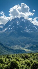 Obraz premium Beautiful mountain peak under bright blue sky and puffy clouds