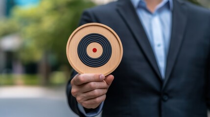 A professional person in a suit holds a wooden target with concentric circles and a red bullseye against a blurred outdoor backdrop, symbolizing
