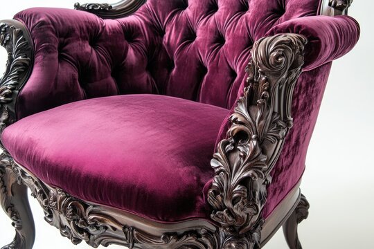 Close - up of a Rococo Revival chair with intricate carvings and plush velvet upholstery