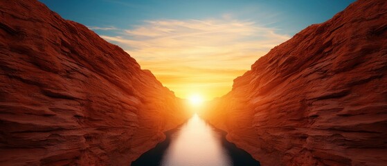 A beautiful sunset over the desert mountains with vibrant orange and red skies, clouds above, and a scenic view