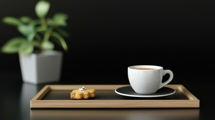 Coffee Lover concept. Coffee cup and cookie on a wooden tray with a plant in the background.