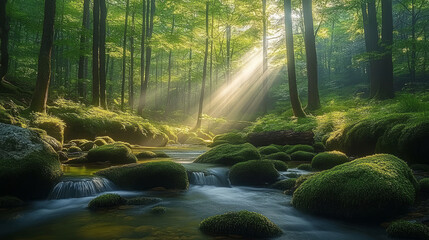 Obraz premium Sunlight shining through leaves into forest and stream waterfall