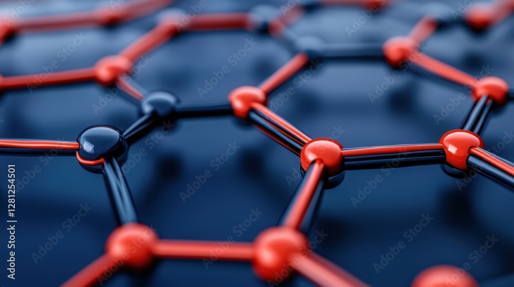 Poster abstract 3d rendering of a hexagonal lattice structure with red and black nodes connected by dark li
