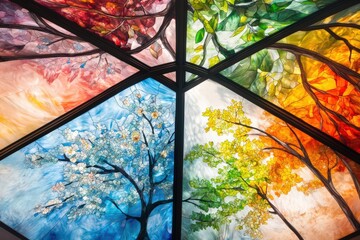 Stained Glass Depicting the Four Seasons of a Tree