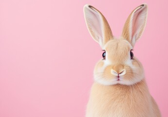 Obraz premium Close up view of a fluffy light brown rabbit against a pastel pink background. The rabbit's soft fur and expressive eyes are highlighted
