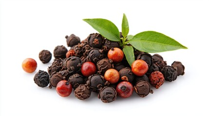 Fototapeta premium Colorful Mixture of Whole Peppercorns with Fresh Green Leaves