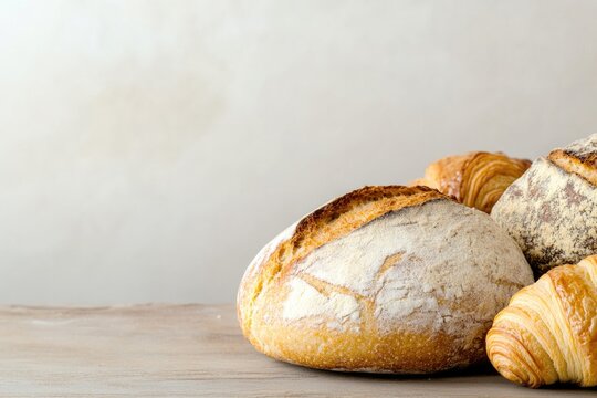 close-up of assortment of artisanal bread and pastries on wooden table with focus on textures
