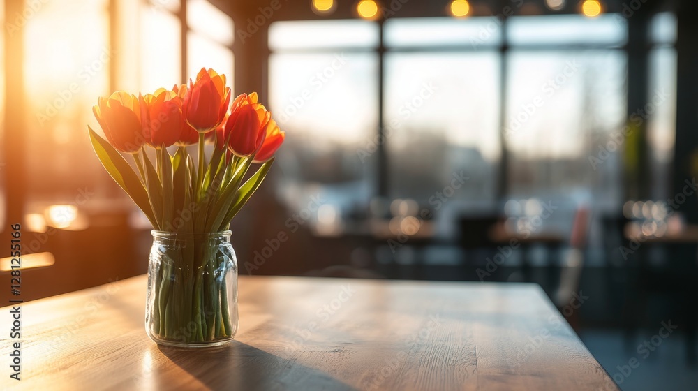 Aufkleber a vibrant bouquet of orange tulips rests in a glass jar on a wooden table. sunlight streams through 